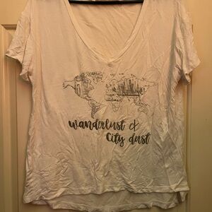 Wanderlust White V‑Neck Graphic Tee with World Map